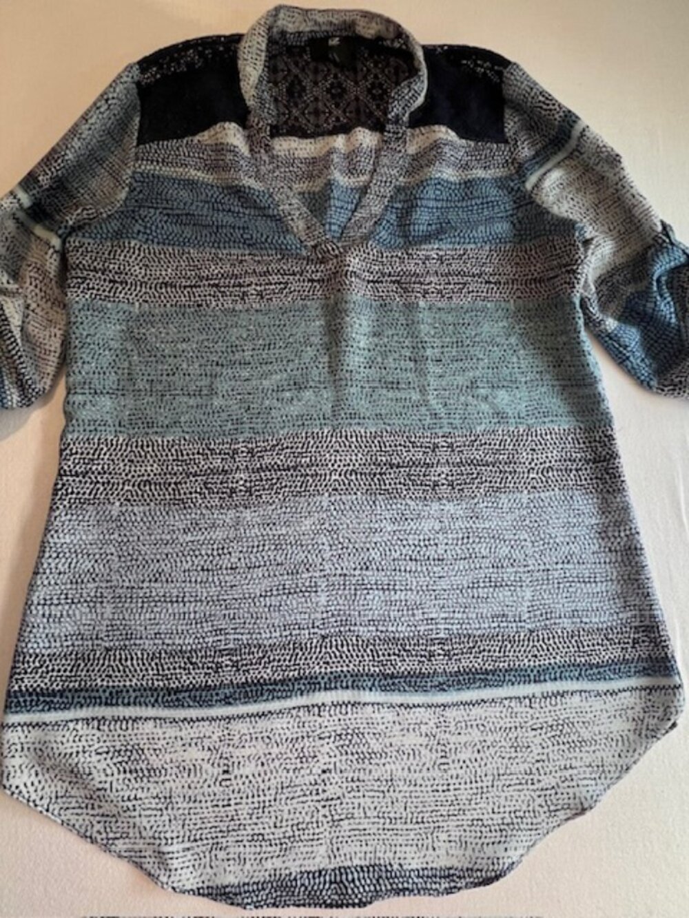 Womens small lightweight IZ BYER blouse dotted blue grey black V neck lace panel
